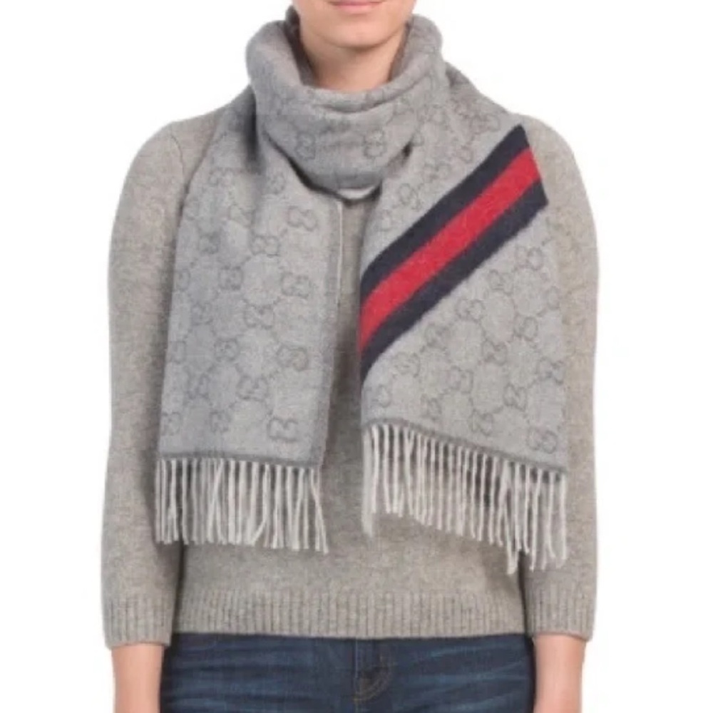NEW GUCCI ‘New Nikky’ 570603 Web Fringe Wool Alpaca Zinc Blue Gray Unisex Scarf - Picture 10 of 12